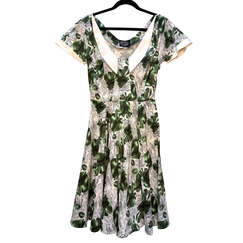 Retro Style Green Floral Print Dress‎ Size 10 Circle Skirt Pin-up Rockabilly